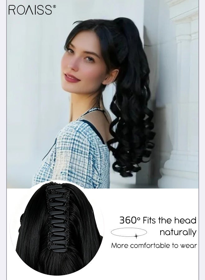 رويس وصلات شعر ذيل حصان مجعدة ورقيقة، وصلات شعر ذيل حصان بمشبك مخلب بطول 20 بوصة، ذيل حصان صناعي مموج مع رباط للفتيات والنساء للاستخدام اليومي، لون أسود طبيعي - Image 5
