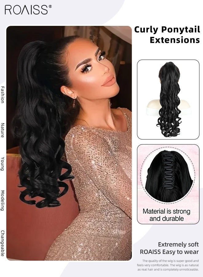 رويس وصلات شعر ذيل حصان مجعدة ورقيقة، وصلات شعر ذيل حصان بمشبك مخلب بطول 20 بوصة، ذيل حصان صناعي مموج مع رباط للفتيات والنساء للاستخدام اليومي، لون أسود طبيعي - Image 1