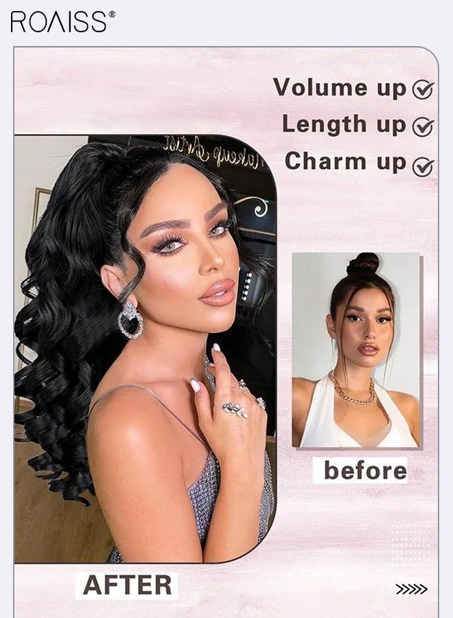 رويس وصلات شعر ذيل حصان مجعدة ورقيقة، وصلات شعر ذيل حصان بمشبك مخلب بطول 20 بوصة، ذيل حصان صناعي مموج مع رباط للفتيات والنساء للاستخدام اليومي، لون أسود طبيعي - Image 2