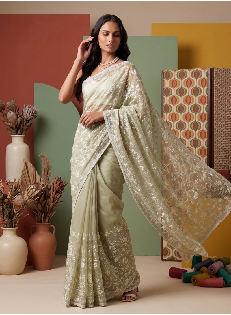 Nool Dew Tissue Designer Saree with Unstitched Blouse Material - Image 1