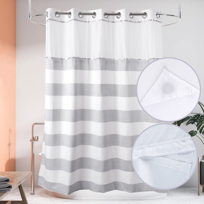 Ecoehoe 71W x74H Stripe Fabric Hook Free Shower Curtain with Polyester Magnet Snapin LinerTop See Through with Mesh Window Light GreyWhite