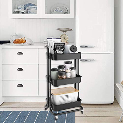 EMNDR 3-Tier Kitchen Storage Trolley Rack with Caster Wheels Rolling Cart Metal Utility Space Saving Home Storage Organizer Racks and Self with Wheel(Black) - Image 1