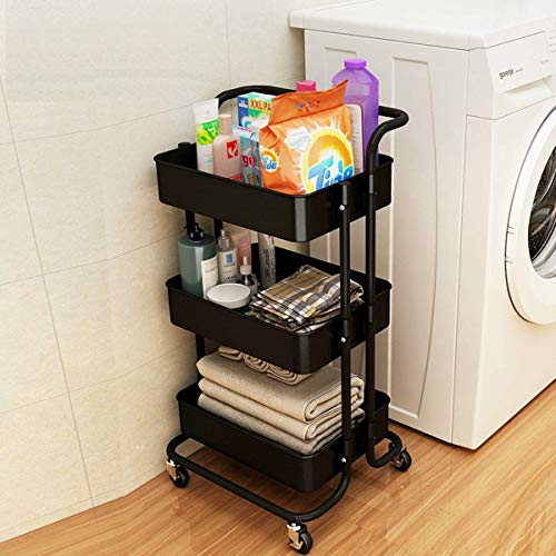 EMNDR 3-Tier Kitchen Storage Trolley Rack with Caster Wheels Rolling Cart Metal Utility Space Saving Home Storage Organizer Racks and Self with Wheel(Black) - Image 2