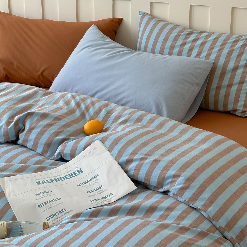 LifeTB Retro Striped Duvet Cover Set Queen, 100% Washed Cotton Vintage Blue Brown Stripes Pattern Printed Bedding Set, 3 Pieces Soft Breathable Comforter Cover Striped Cotton Duvet Cover Queen - Image 4
