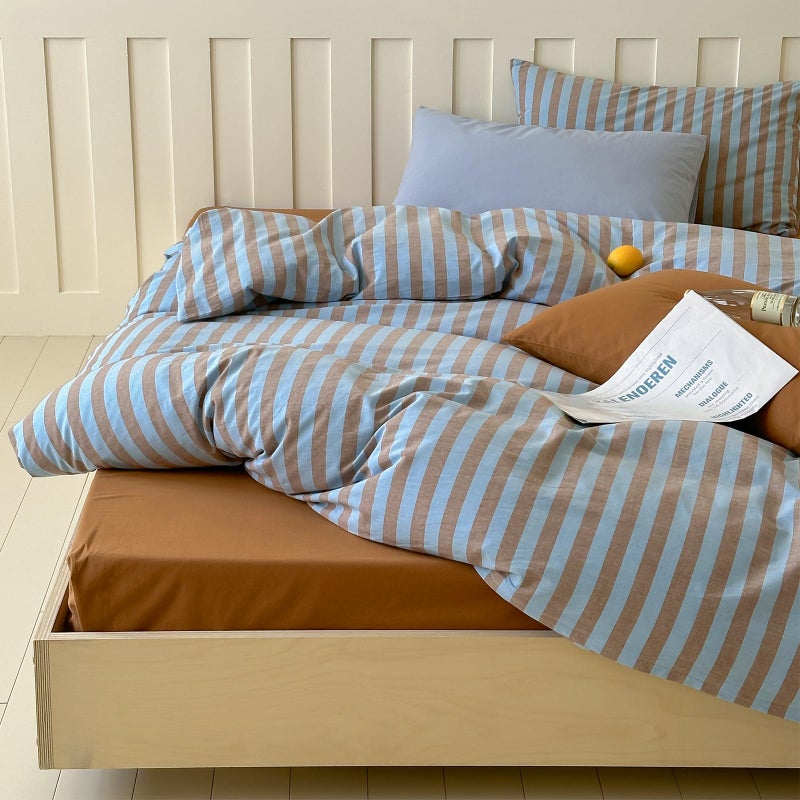 LifeTB Retro Striped Duvet Cover Set Queen, 100% Washed Cotton Vintage Blue Brown Stripes Pattern Printed Bedding Set, 3 Pieces Soft Breathable Comforter Cover Striped Cotton Duvet Cover Queen - Image 5