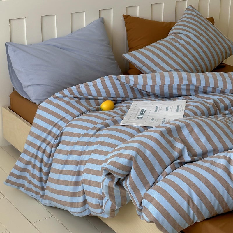 LifeTB Retro Striped Duvet Cover Set Queen, 100% Washed Cotton Vintage Blue Brown Stripes Pattern Printed Bedding Set, 3 Pieces Soft Breathable Comforter Cover Striped Cotton Duvet Cover Queen - Image 1
