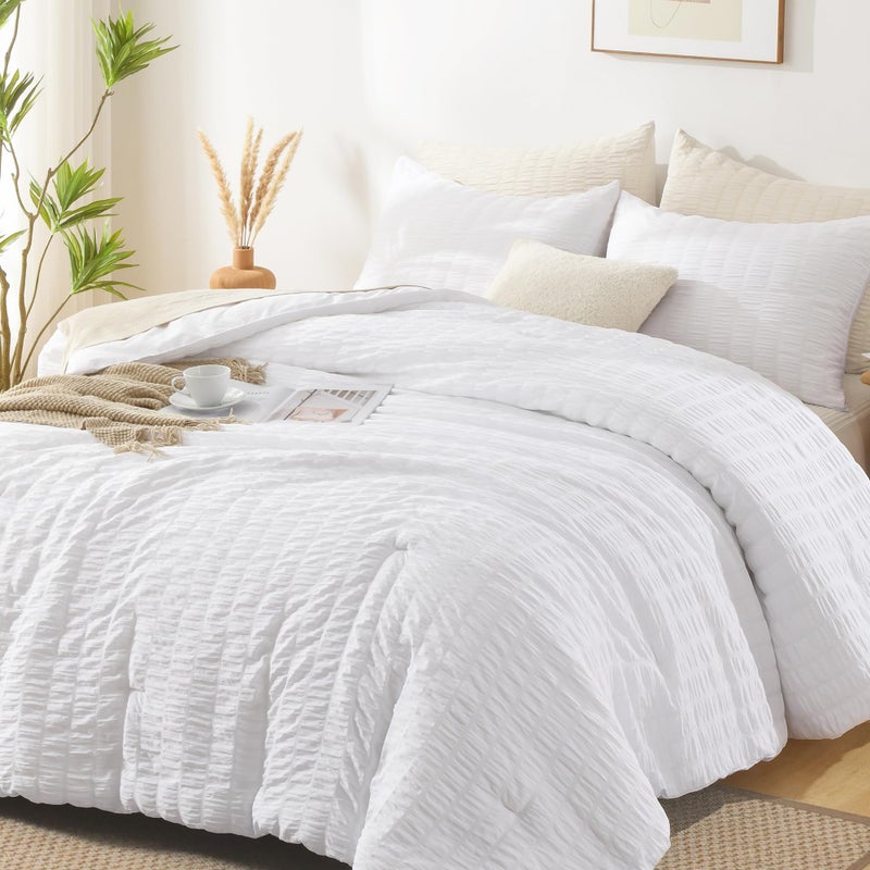 AveLom Seersucker Comforter Set - Full Size, 80x90 Inches, White, 3 Pieces, Unisex - Image 1
