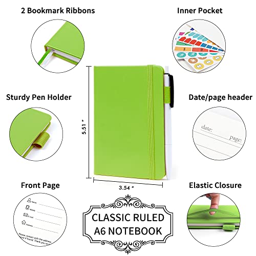 feela 6 Pack Pocket Small Notebooks Bulk, Mini Cute Memo Notepads Hardcover College Ruled Lined Journals with Pen Holder for Women Girls Office School, with 6 Black Pens, 3.5”x 5.5”, A6, Green - Image 2