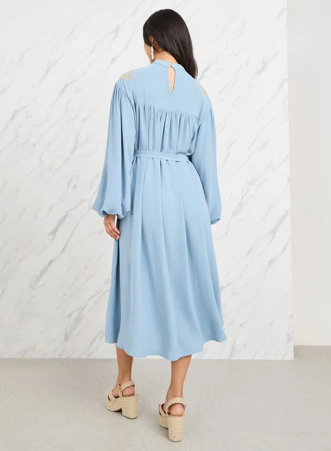 Styli Styli Embroidered Lace Insert Shift Midi Dress with Self Tie Up