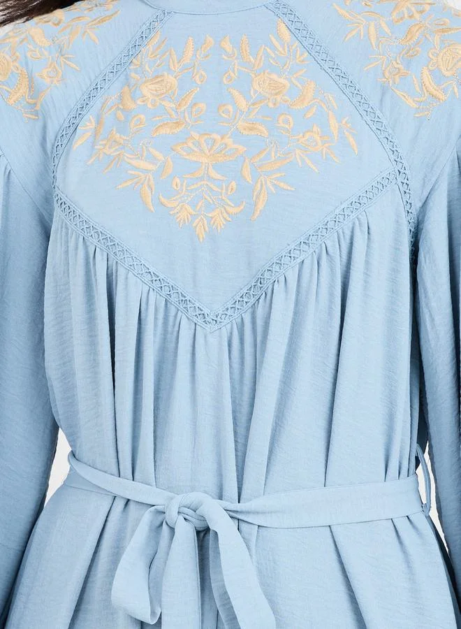 Styli Styli Embroidered Lace Insert Shift Midi Dress with Self Tie Up