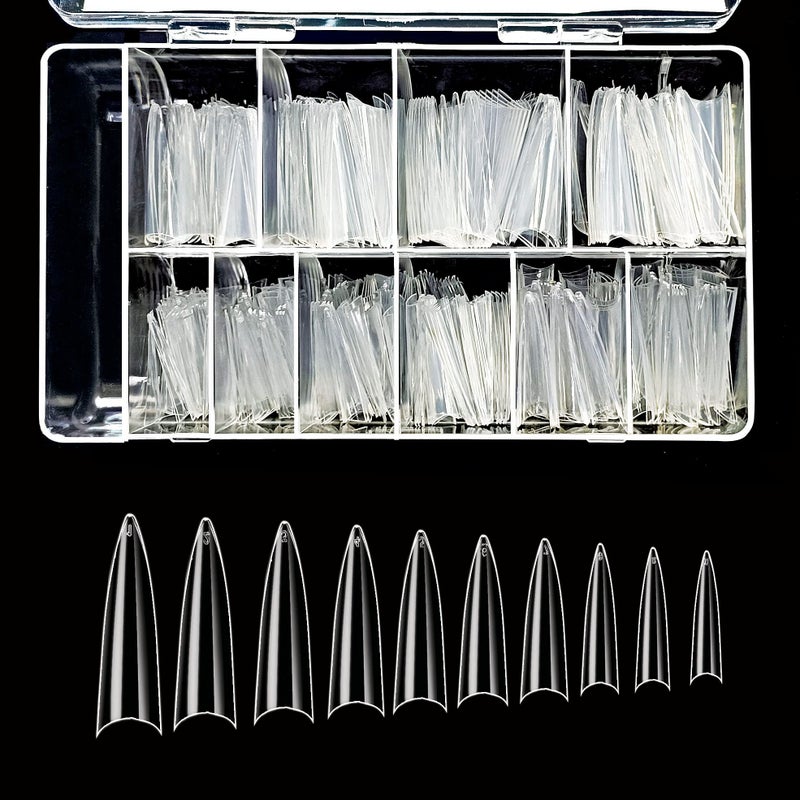 Vivace Acrylic Clear Extra Long Stiletto 500PCS 10 Sizes False Gel Nail With Plastic Case Tips For Salons and DIY Self Nail Art Clear Extra Long Stiletto