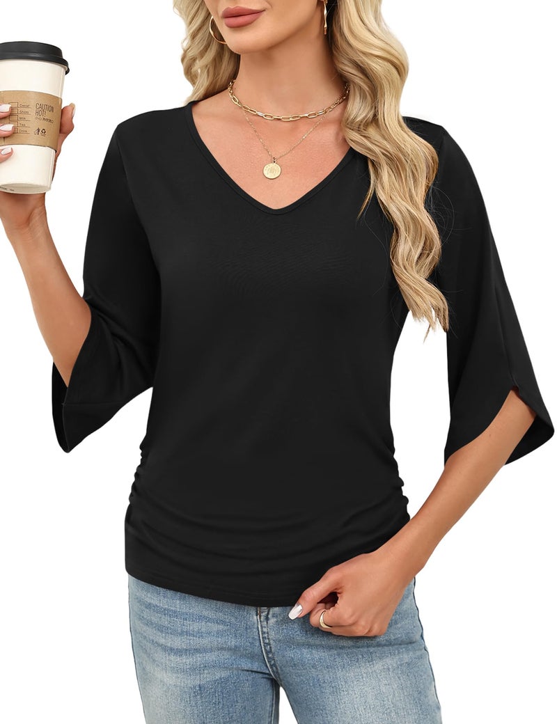 Micoson Womens Tops 3/4 Length Sleeve Teacher Shirts T Shirts V Neck Business Casual Fashion Clothing(Black, Medium) - Image 2