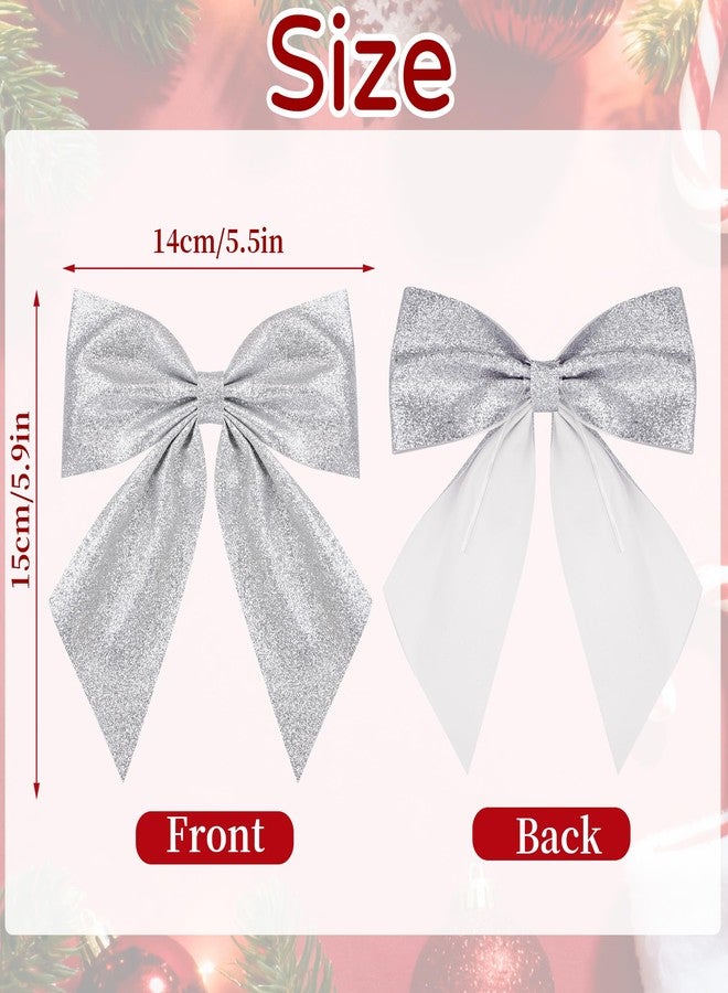 yeabwps 12 Pcs Wired Glitter Ribbon Bows With 5.5" Twist Tie 5.5 x 6 Inch Premade Christmas Bows for Wreath, Garland, Gift Wrapping, Christmas Tree Decorations and Home Indoor Outdoor Decor(Silver - Image 2