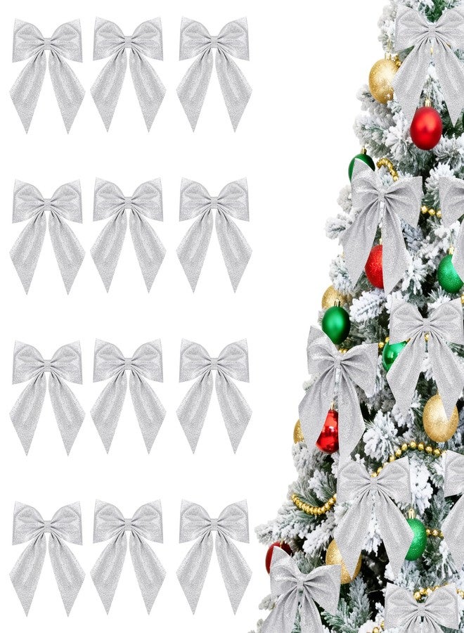 yeabwps 12 Pcs Wired Glitter Ribbon Bows With 5.5" Twist Tie 5.5 x 6 Inch Premade Christmas Bows for Wreath, Garland, Gift Wrapping, Christmas Tree Decorations and Home Indoor Outdoor Decor(Silver - Image 1