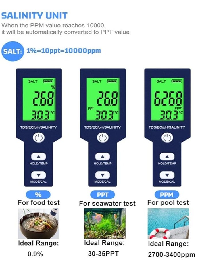 Milatech - Milatech 5 in 1 PH Meter,PH/TDS/EC/Salinity/Temp Meter for Water, High Accuracy Water Testing Kits for Drinking Water, Pools, Fish Tank, and Hydroponics,with 3 PH Buffer Powders - Image 1
