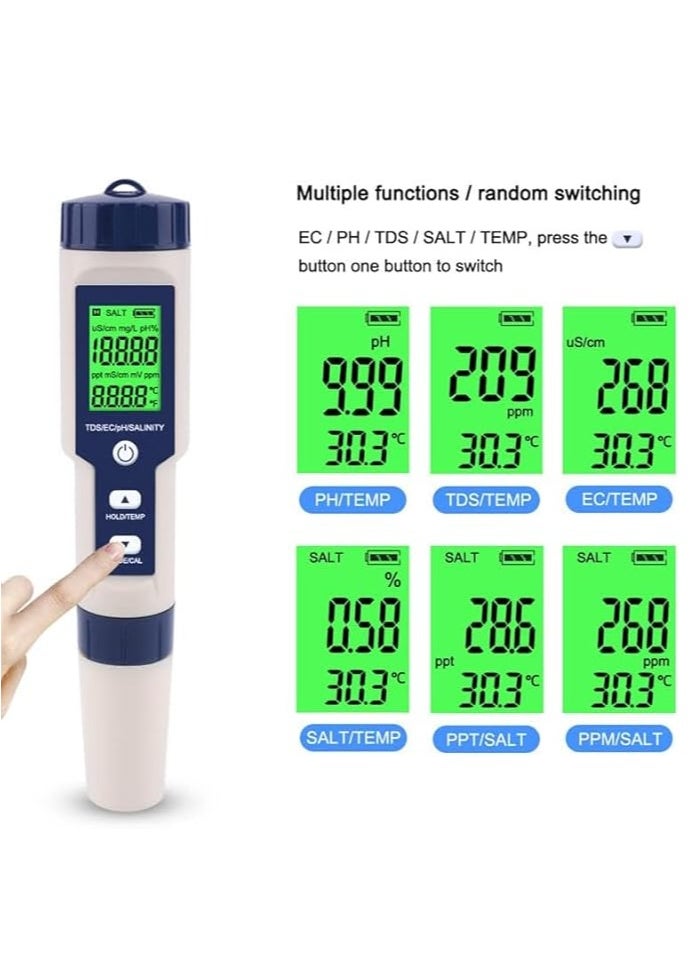 Milatech - Milatech 5 in 1 PH Meter,PH/TDS/EC/Salinity/Temp Meter for Water, High Accuracy Water Testing Kits for Drinking Water, Pools, Fish Tank, and Hydroponics,with 3 PH Buffer Powders - Image 1