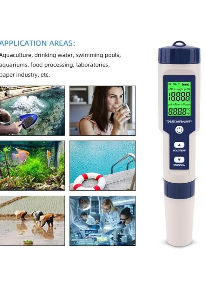 Milatech - Milatech 5 in 1 PH Meter,PH/TDS/EC/Salinity/Temp Meter for Water, High Accuracy Water Testing Kits for Drinking Water, Pools, Fish Tank, and Hydroponics,with 3 PH Buffer Powders - Image 1