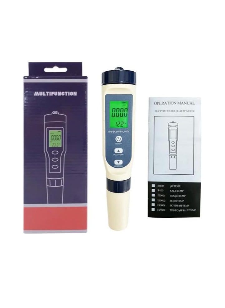 Milatech - Milatech 5 in 1 PH Meter,PH/TDS/EC/Salinity/Temp Meter for Water, High Accuracy Water Testing Kits for Drinking Water, Pools, Fish Tank, and Hydroponics,with 3 PH Buffer Powders - Image 1