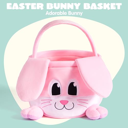 JOYIN Easter Pink Bunny Basket Pink Rabbit Backet with Foldable Ears Empty Soft Basket with Handle Easter Gifts for Babies Kids Egg Hunt Candy Bag Party Favor Storage Container109 79 94 - Image 3