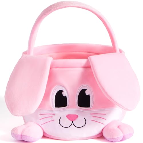 JOYIN Easter Pink Bunny Basket Pink Rabbit Backet with Foldable Ears Empty Soft Basket with Handle Easter Gifts for Babies Kids Egg Hunt Candy Bag Party Favor Storage Container109 79 94 - Image 1