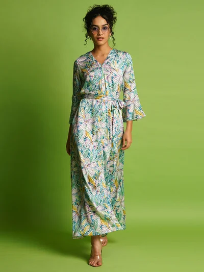 globus Women Floral Print Bell Sleeve Maxi Dress