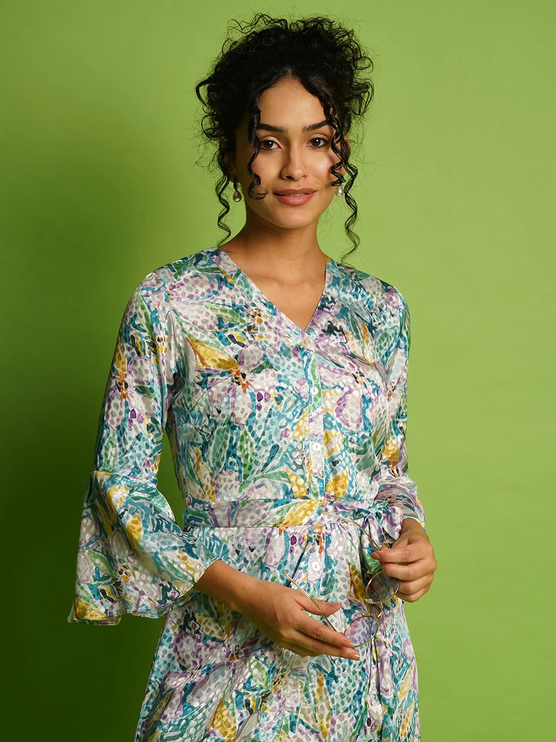 globus Women Floral Print Bell Sleeve Maxi Dress