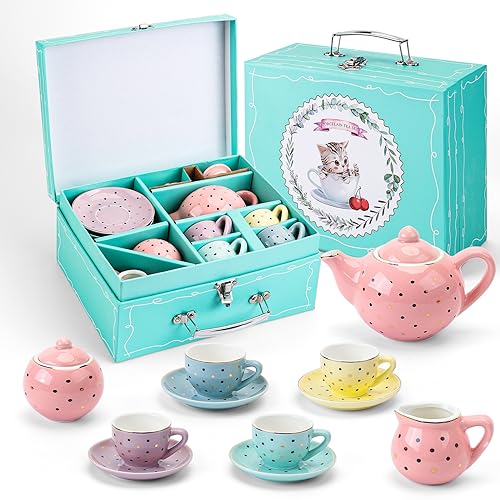 CHENP.HMC Tea Set Girls Porcelain Tea Set for Little Girls Tea Set for Little Girls Polka Dot Design and Colorful Color with for Boy and Gril Birthday Party Or Gift Life - Image 1