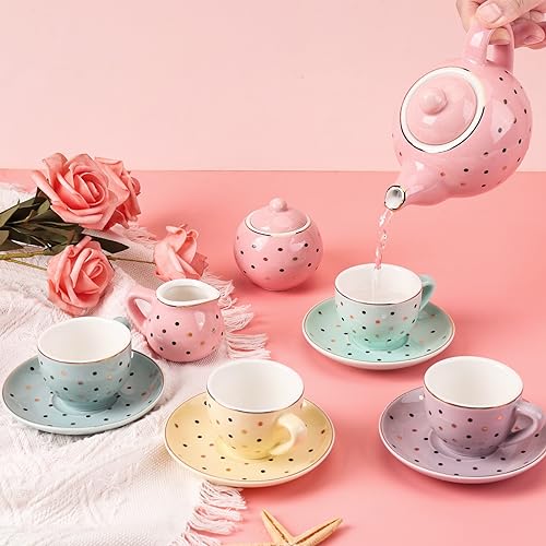 CHENP.HMC Tea Set Girls Porcelain Tea Set for Little Girls Tea Set for Little Girls Polka Dot Design and Colorful Color with for Boy and Gril Birthday Party Or Gift Life - Image 5