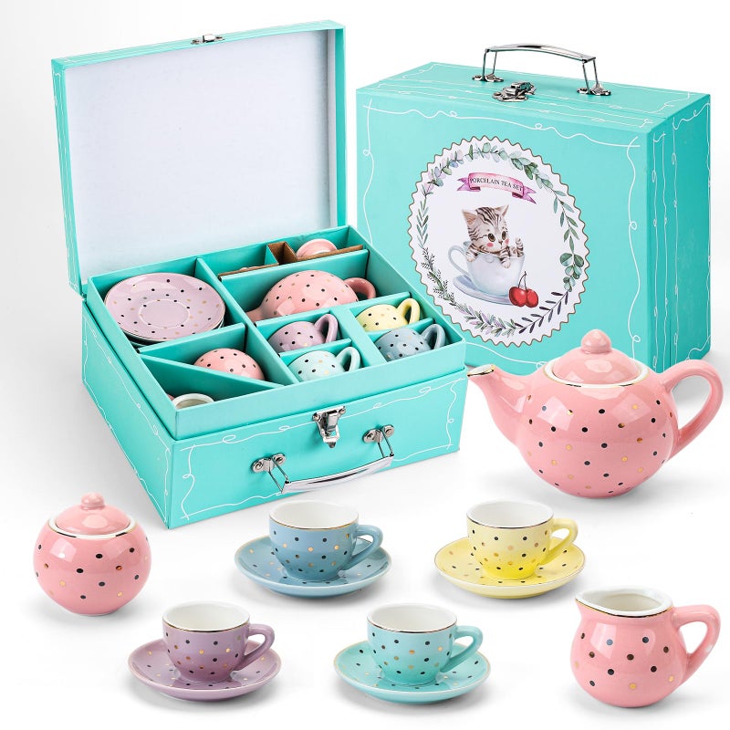 CHENP.HMC Tea Set Girls Porcelain Tea Set for Little Girls Tea Set for Little Girls Polka Dot Design and Colorful Color with for Boy and Gril Birthday Party Or Gift Life - Image 3