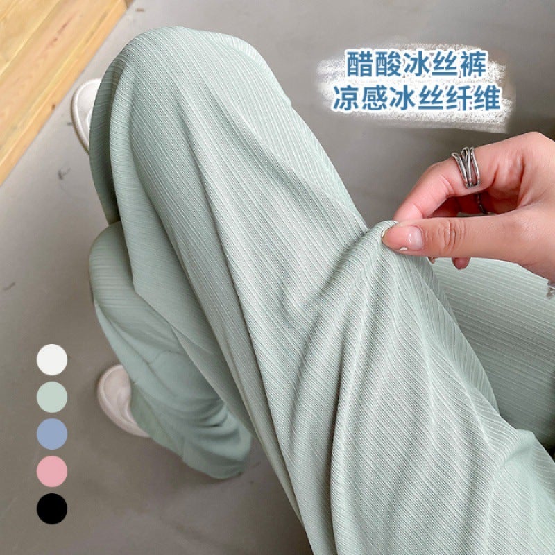 Ice Silk Wide Leg Pants Women'S Summer Thin Green High Waist Draping Hip Covering Acetic Acid Cool Small Air Straight Pants - Image 1