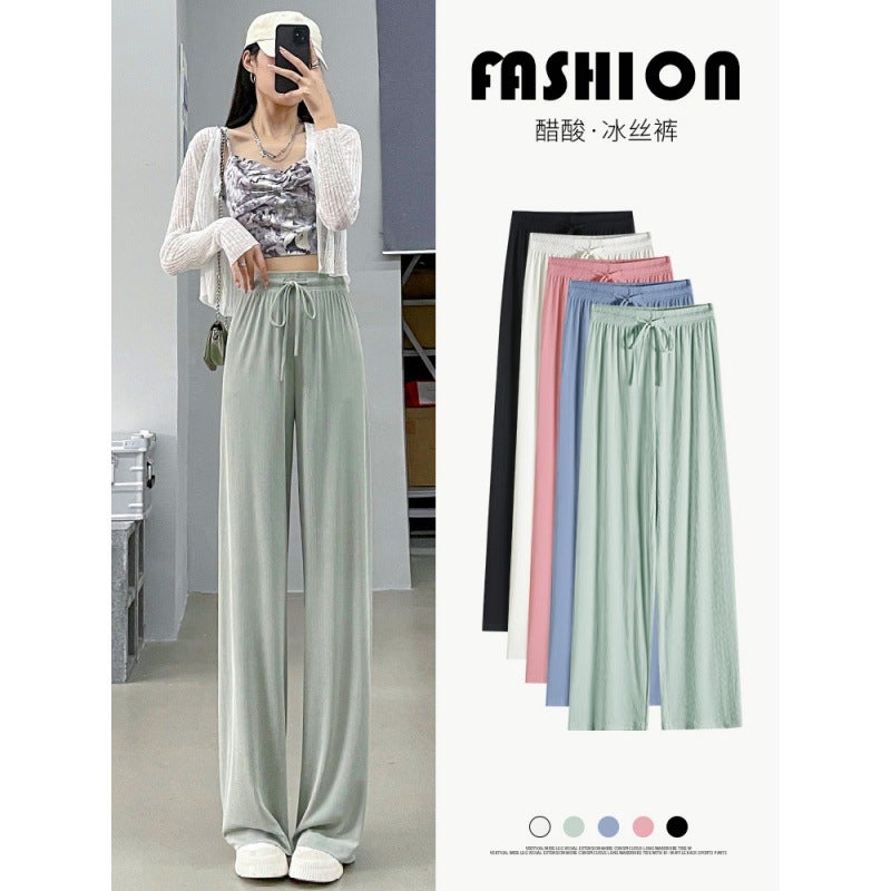 Ice Silk Wide Leg Pants Women'S Summer Thin Green High Waist Draping Hip Covering Acetic Acid Cool Small Air Straight Pants - Image 3