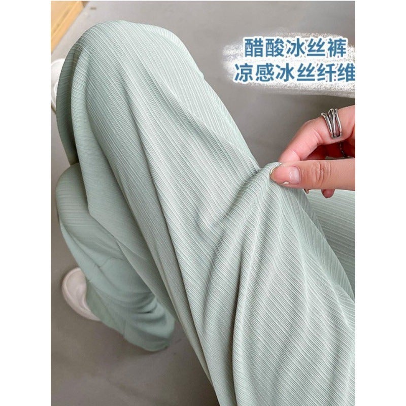 Ice Silk Wide Leg Pants Women'S Summer Thin Green High Waist Draping Hip Covering Acetic Acid Cool Small Air Straight Pants - Image 2