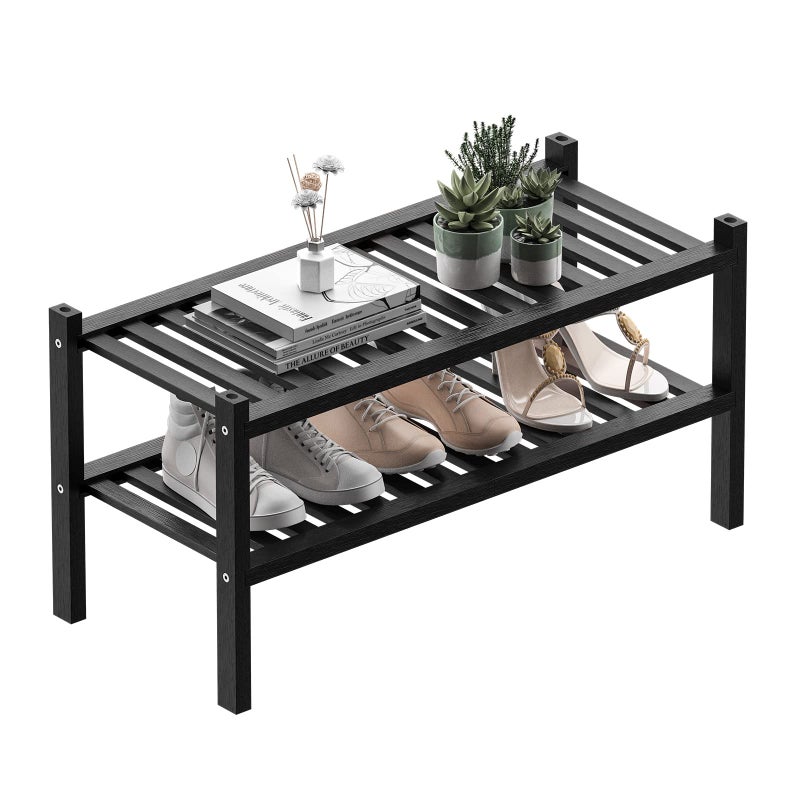 ROMGUAR CRAFT 2 Tier Thick Bamboo Shoe Rack for Closet Free Standing Wood Shoe Shelf for Entryway Small Space Stackable 27x12x14 Black