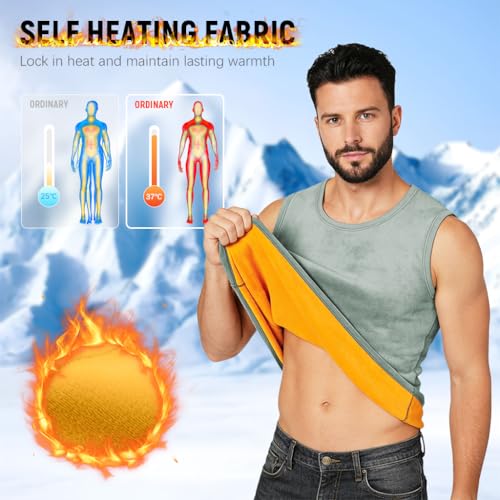 GUSTAVE® Men's Thermal Underwear Tank Top Thick Fleece Lined Base Layer Shirts Winter Underwear Vest Outdoor Tops Cami Cold Weather Ultra-Warm, 2XL, Grey - Image 2