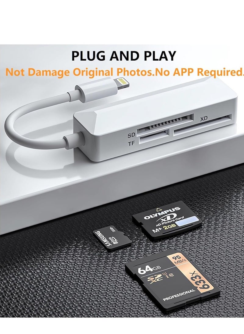 SD Card Reader Lightning Memory Adapter Plug & Play High-Speed XD Picture Camera Adapter for iPhone 14/13/12/11/XS/XR/X/8/7/6/5 Supports SD/TF/XD 128G 256G
