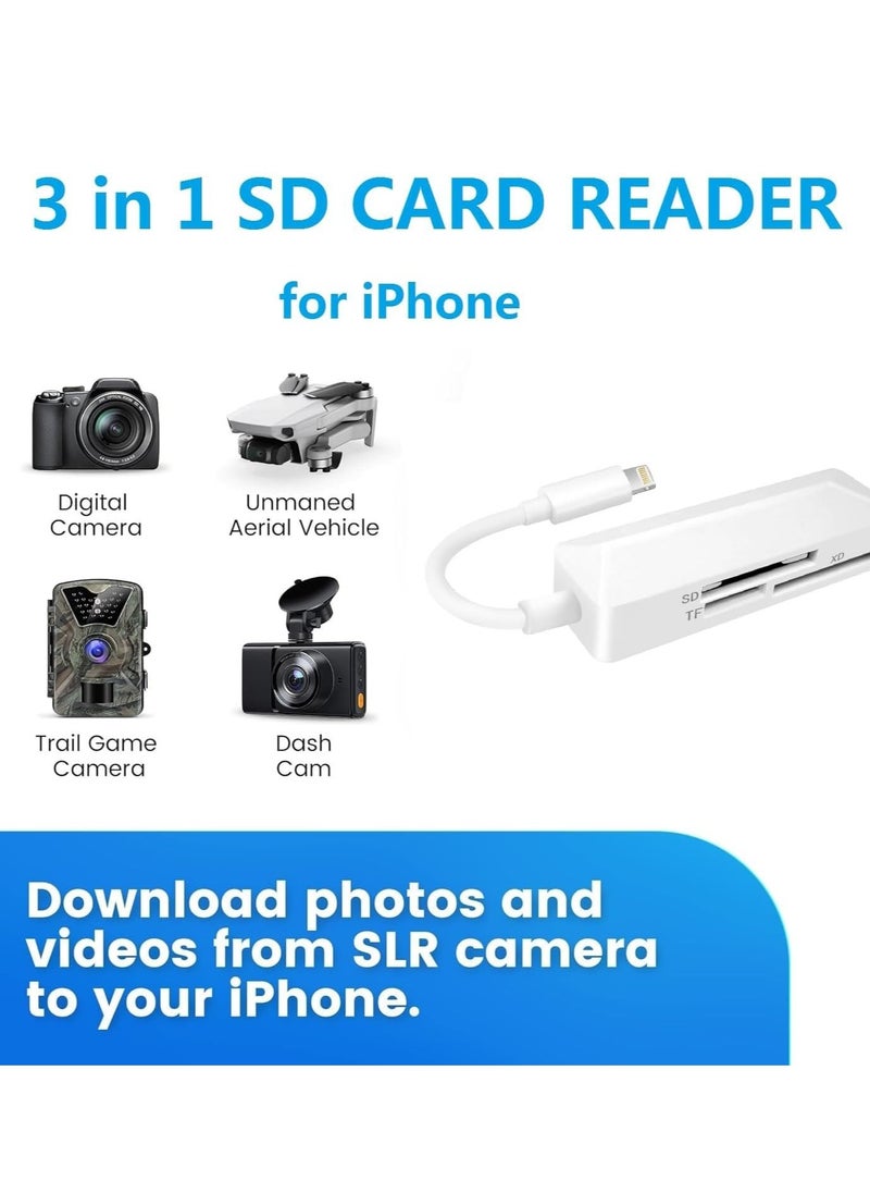 SD Card Reader Lightning Memory Adapter Plug & Play High-Speed XD Picture Camera Adapter for iPhone 14/13/12/11/XS/XR/X/8/7/6/5 Supports SD/TF/XD 128G 256G