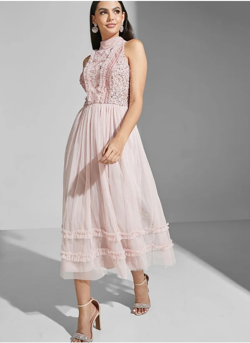 Namshi x Shouq Halter Embellished Fit And Flare Dress