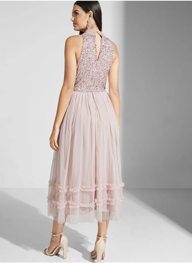 Namshi x Shouq Halter Embellished Fit And Flare Dress