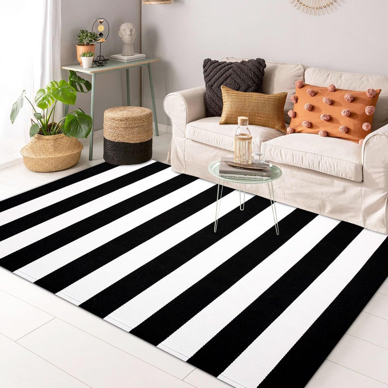 KOZYFLY Black and White Striped Area Rug 3x5 Ft Front Door Rug Hand Woven Cotton Washable Outdoor Doormats Outdoor Entrance Mat for Front Door Kitchen Entryway Patio Front Porch Decor - Image 3