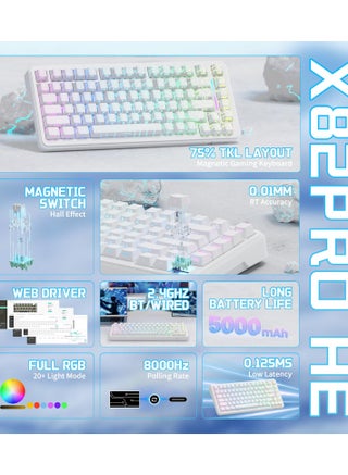 لوحة مفاتيح الألعاب الميكانيكية X82PRO HE اللاسلكية سريعة التشغيل RGB مع تشغيل قابل للتعديل، 2.4 جيجاهرتز/سلكي/بلوتوث، معدل استطلاع 8K، مفتاح مغناطيسي بتأثير هول، بطارية 5000 مللي أمبير في الساعة (محيط أبيض) - view 2