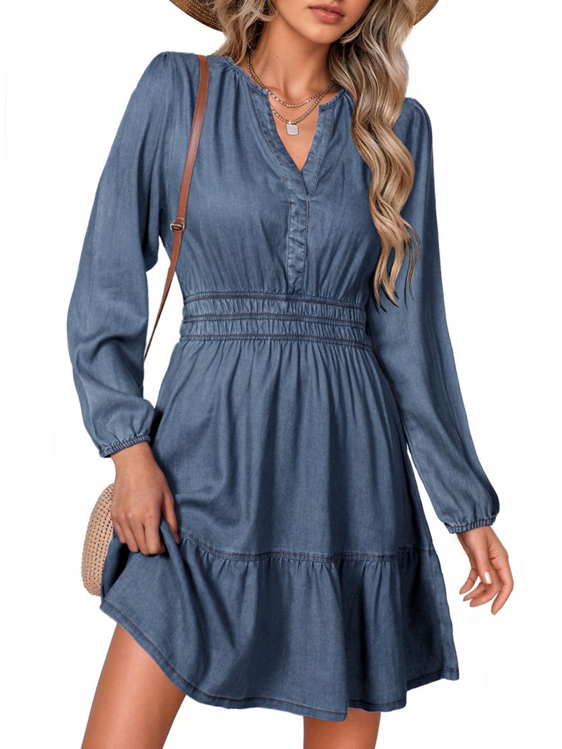 Simplee Womens Fall Denim Dress - Casual Long Sleeve V Neck Empire Waist Ruffle A Line Flowy Short Jean Dresses with Pockets,Denim Deep Blue,L - Image 1