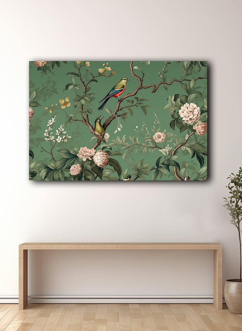 لوحة كانفاس على إطار خشبي بتصميم فن تجريدي زهور وطيور - Image 1