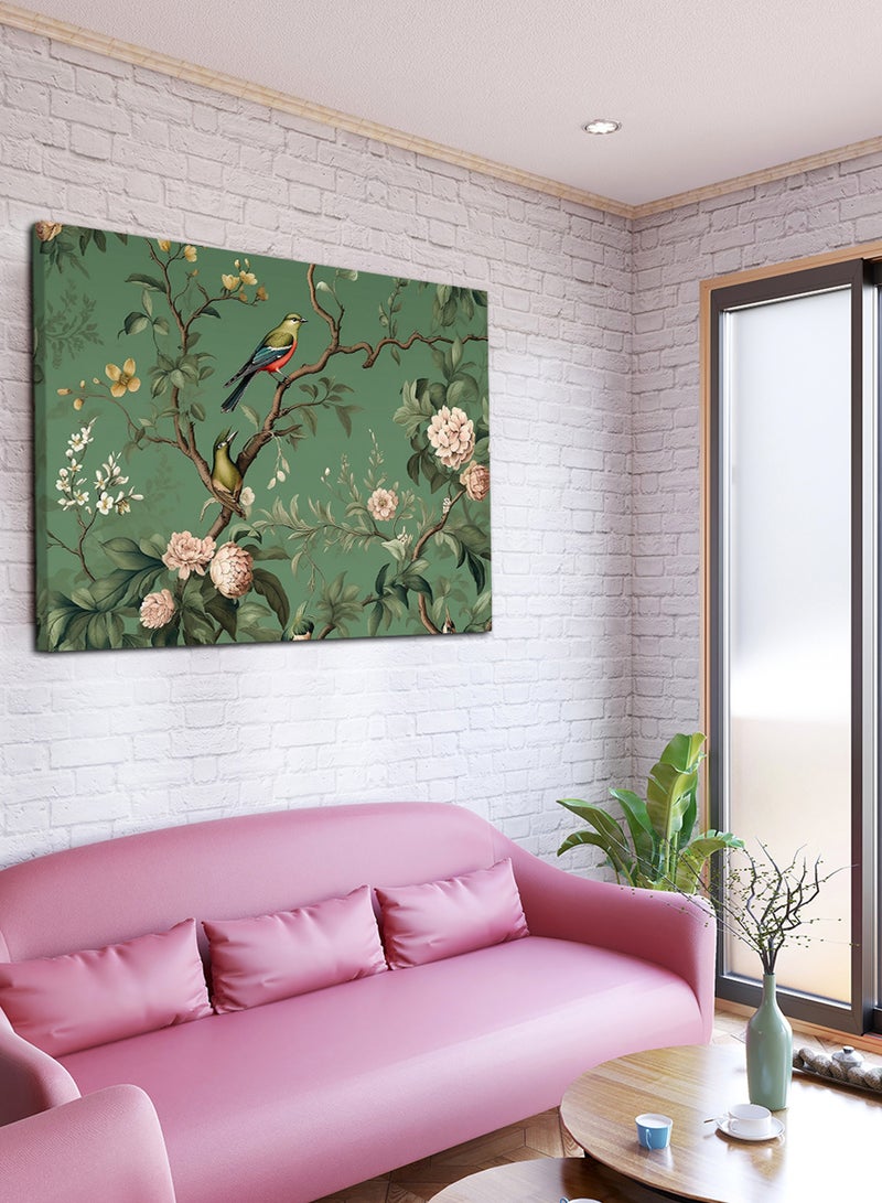 لوحة كانفاس على إطار خشبي بتصميم فن تجريدي زهور وطيور - Image 2