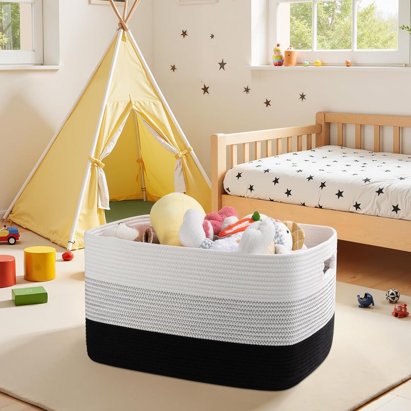 OIAHOMY Large Cotton Rope Basket, Rectangle Woven Baskets for Storage, Nursery Blanket Basket Living Room, Toy Basket With Handle, Large Baskets for Organizing-22”x17”x12”-Gradient Black - Image 2