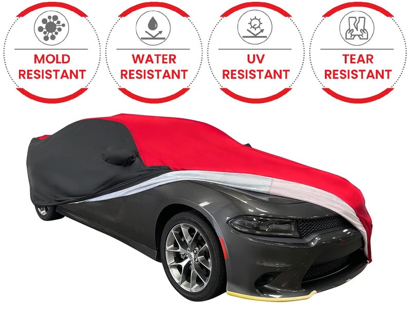 SR1 Performance Dodge Charger Indoor/Outdoor Car Cover Ultraguard Plus 300 Denier UV Protection Water Resistant - Custom Fit for Dodge 2005-2023 SRT Hellcat, GT, R/T, SXT, Scat Pack (Red/Black) - Image 2