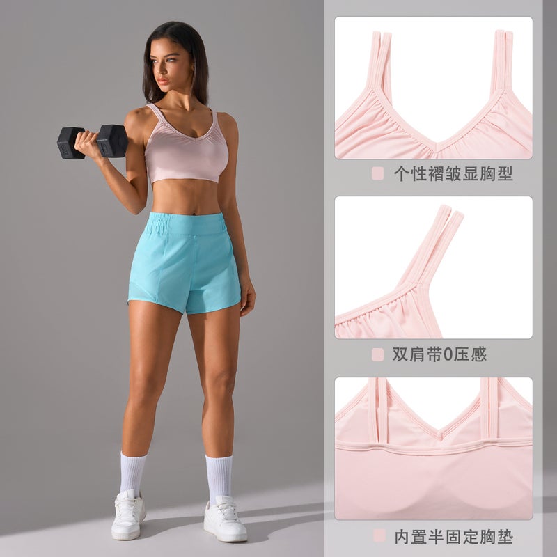 Deep V Pleated Thin Shoulder Strap Yoga Bra Half Fixed Cup Gather Fitness Sports Underwear Women D25053 - Image 4