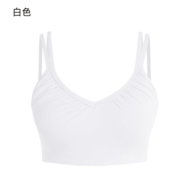 Deep V Pleated Thin Shoulder Strap Yoga Bra Half Fixed Cup Gather Fitness Sports Underwear Women D25053 - Image 1