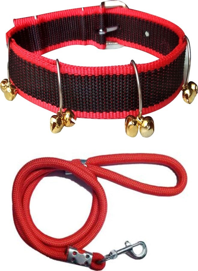Pedigone Dog Belt Combo of Ghungroo Dog Collar with Red Dog Lead Specially for Medium Breed Dog Collar Leash (Red Black) - Image 1