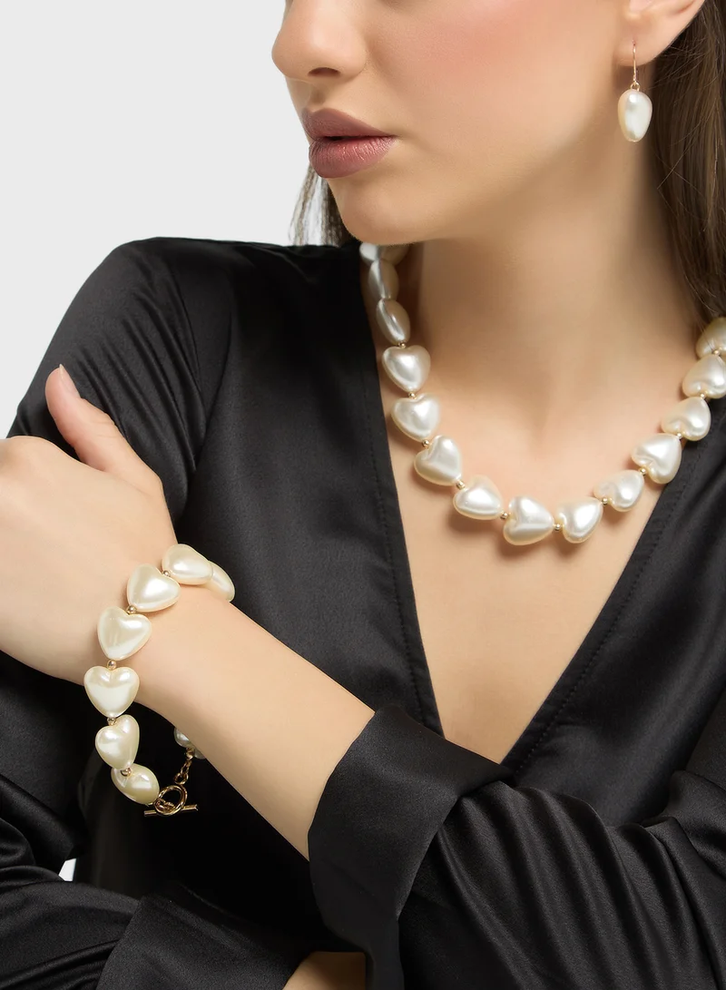 جينجر Heart Pearl Choker Necklace ,Earrings & Bracelet Set