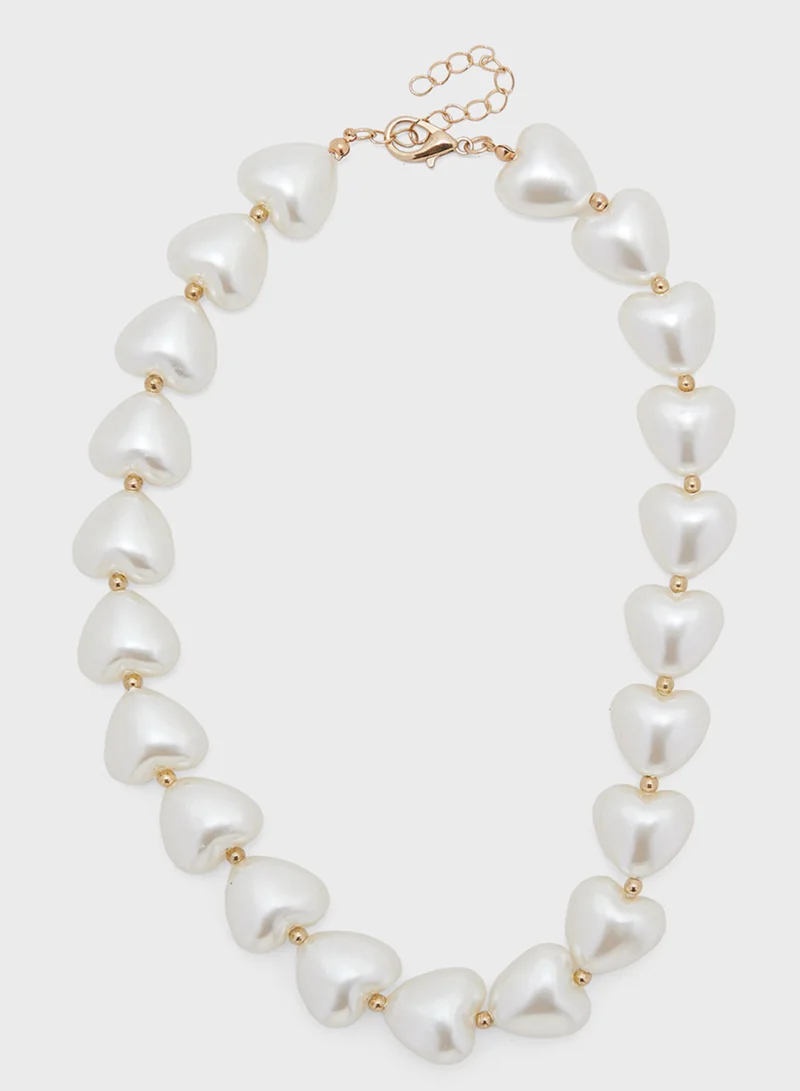 جينجر Heart Pearl Choker Necklace ,Earrings & Bracelet Set